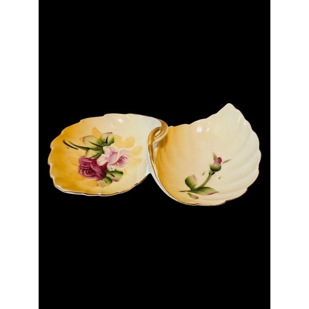 Vtg Lefton China 4674‎ Two Sided Trinket Dish Gold Trim Hand Painted Leaves Dish